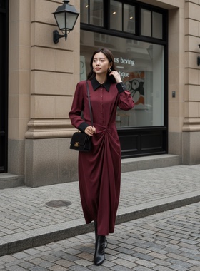 复古撞色拼接中长裙长袖单排多扣连衣裙气质翻领裙子HBZX710018