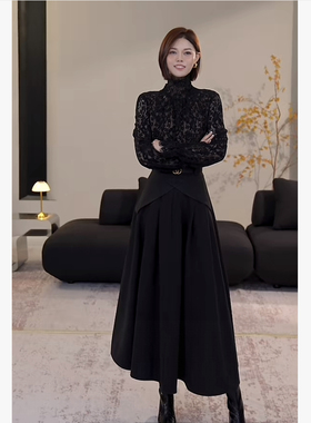 DENGDAHA「塞纳漫步」法式复古风 毛呢假两件半身裙HBZXW918547