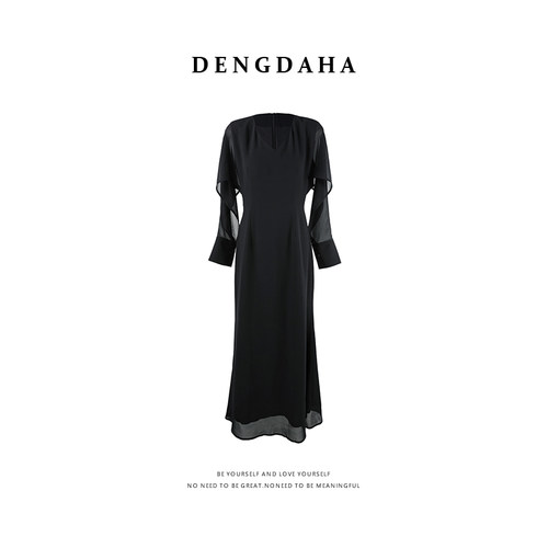 DENGDAHA「多姿荡动」法式优雅风 双层蕾丝长袖连衣裙HBZXP720190