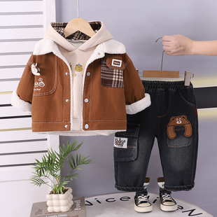 童装男童冬装儿童加绒套装宝宝冬季酷帅气加厚卫衣三件套男孩衣服
