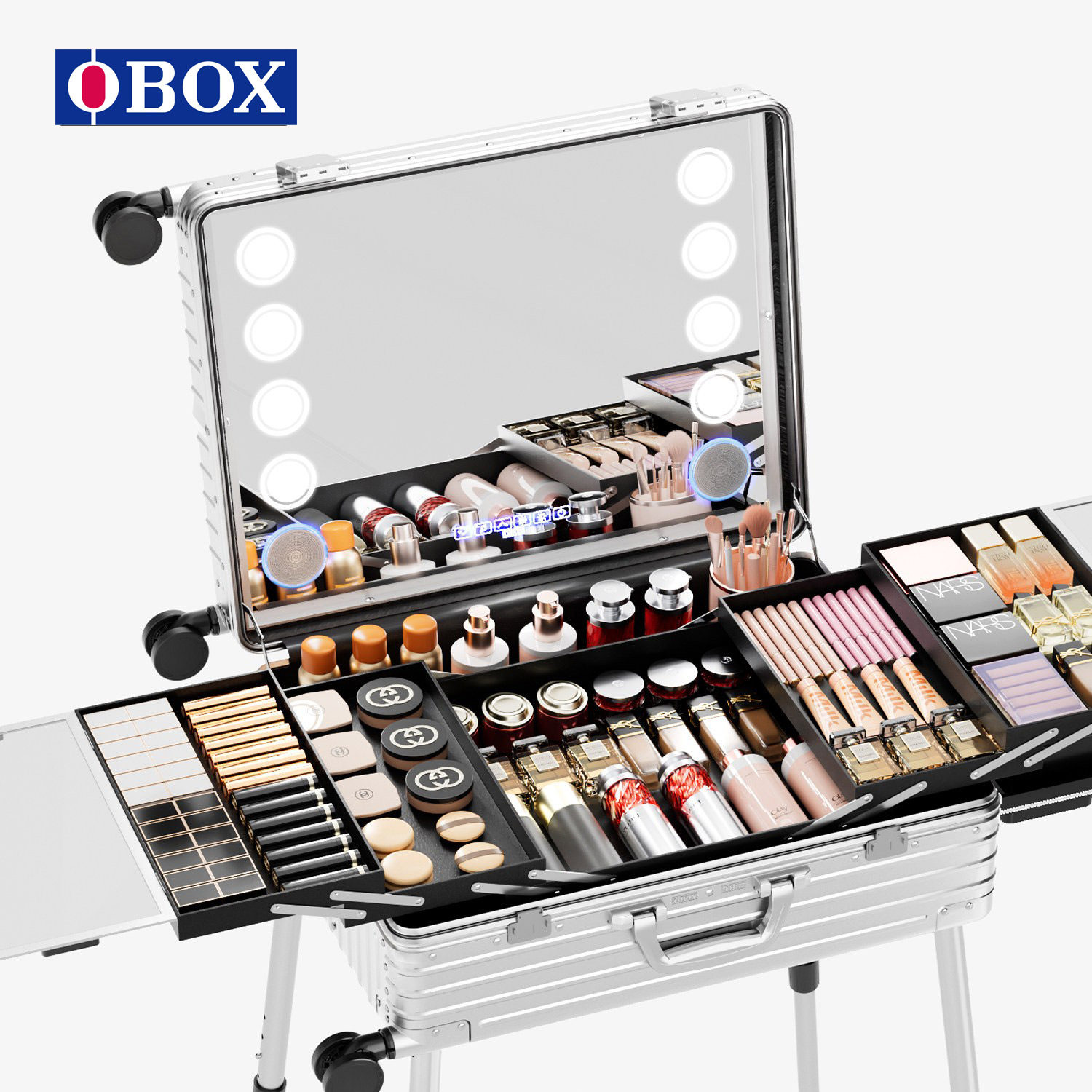 OBOX化妆箱专业跟妆师拉杆箱带灯带镜子化妆师专用铝镁合金工具箱