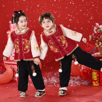 男童拜年服女童汉服冬装儿童过年喜庆服宝宝红色套装年衣2025新款