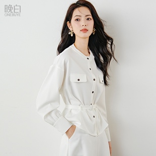 晚白气质大码立领上衣2026春新款系带收腰垂顺利落干练通勤衬衫女