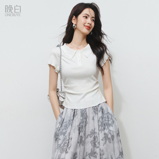 晚白简约翻领白色短袖上衣2026夏季新款弹力修身亲肤棉感T恤衫女