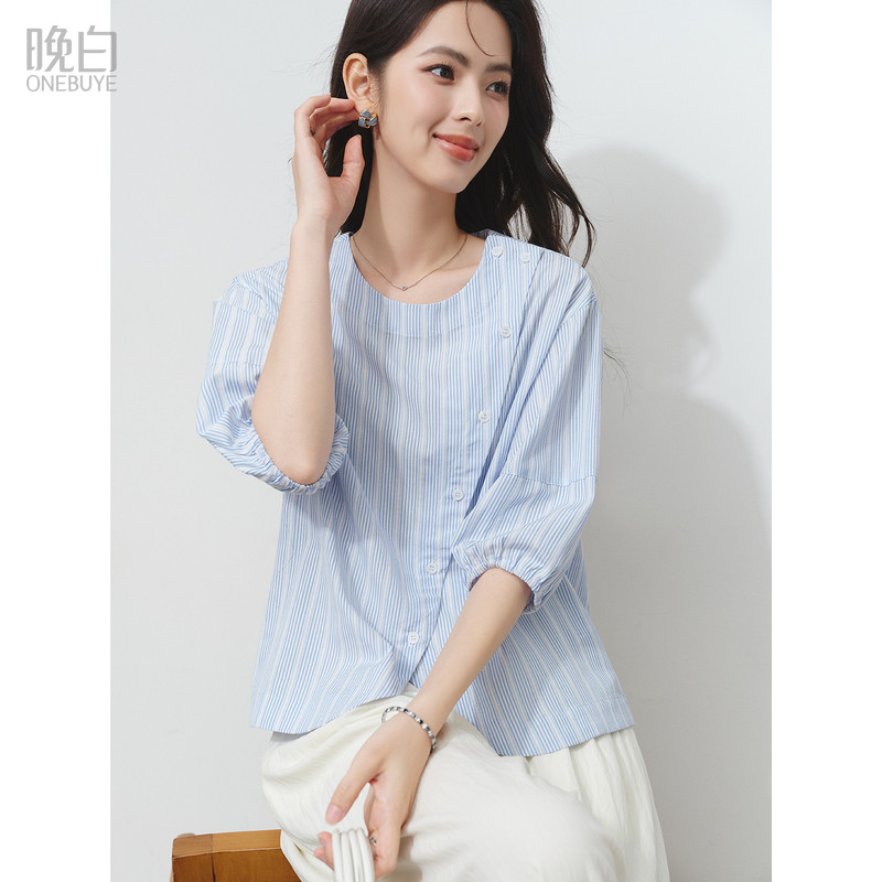 晚白莱赛尔棉竖条纹衬衫女斜开襟