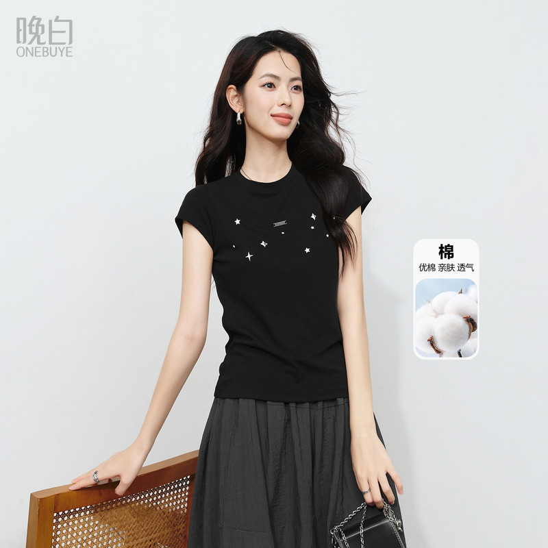 晚白瘦瘦T星星印花冰丝加棉T恤女2026夏新款短款小个子短袖上衣