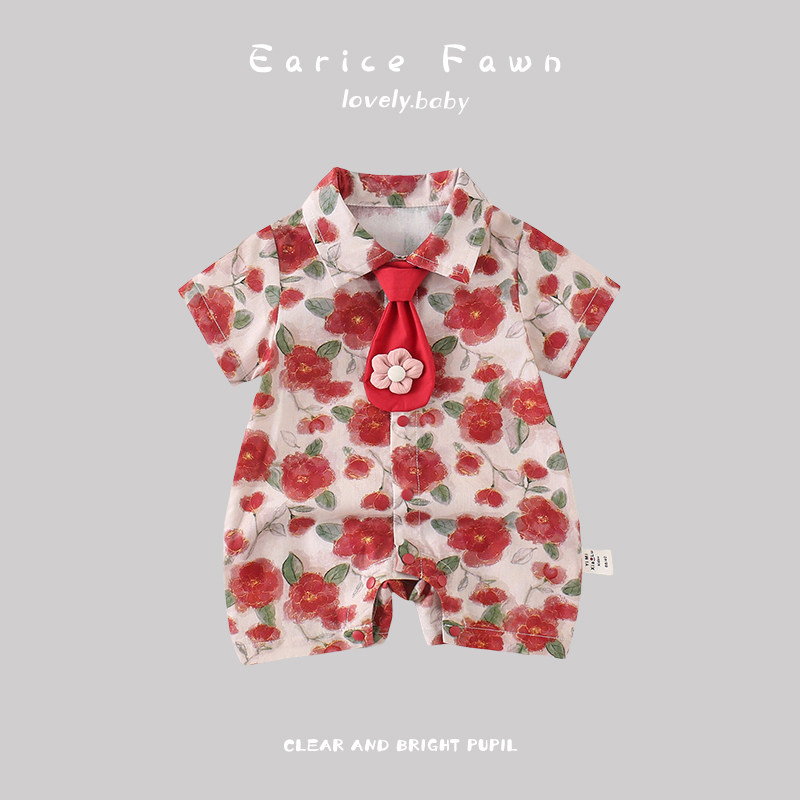 夏季婴儿衣服满月百天爬爬服可爱洋气哈衣外出薄款连体衣短袖衣服