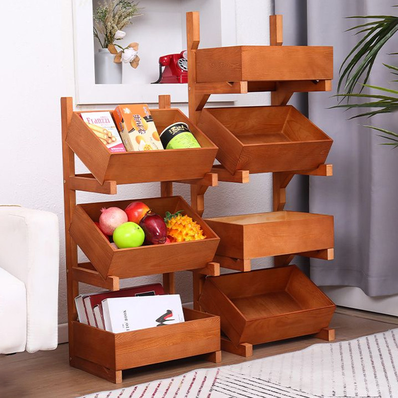 实木书架置物架落地多层厨房果蔬篮客厅陈列架子零食收纳架展示架