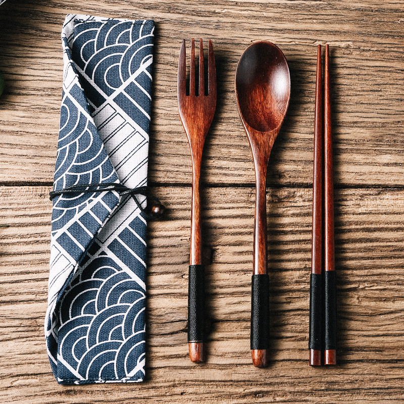 日式木质筷子勺子套装单人装学生儿童便携餐具勺叉筷收纳盒三件套