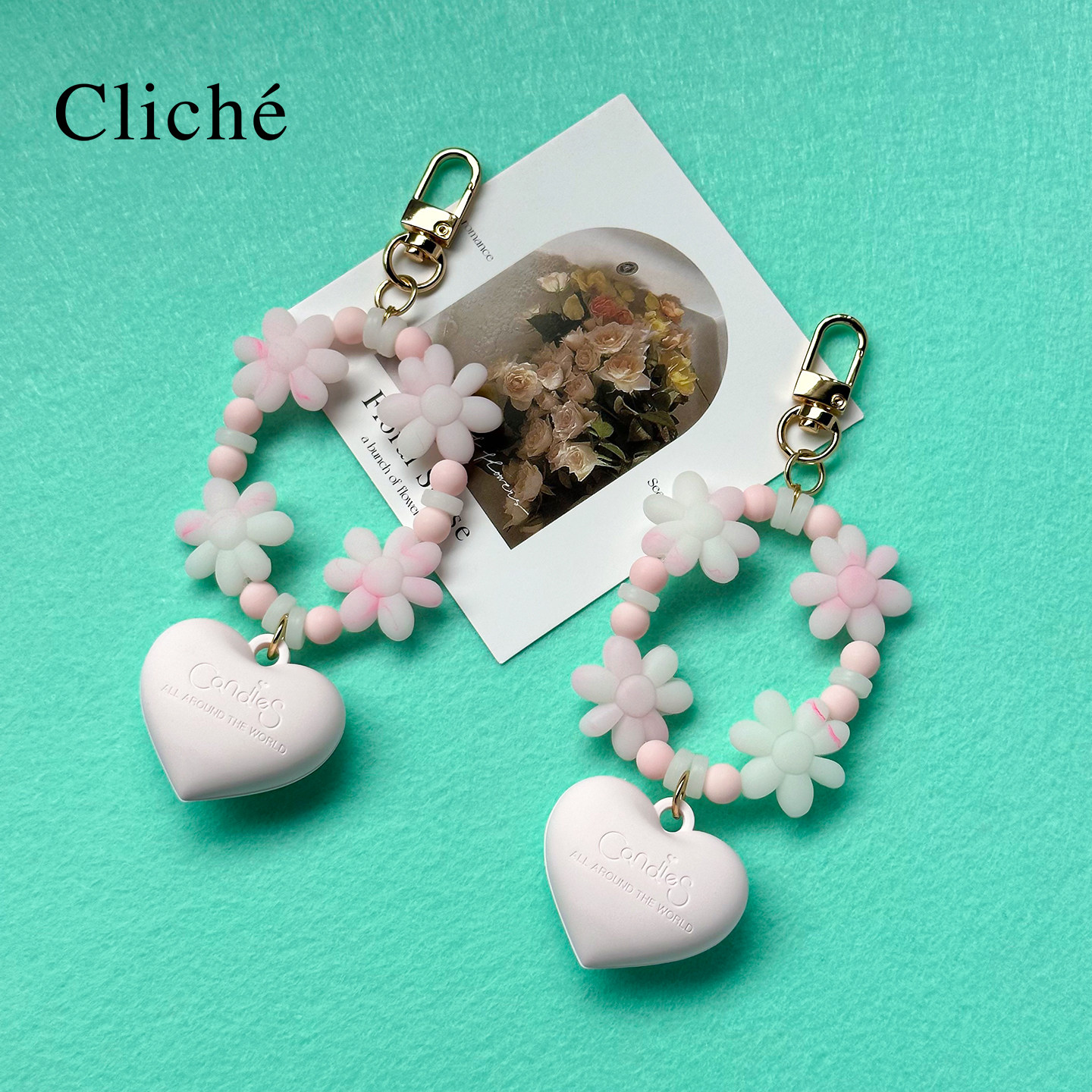 CLICHE 手机壳挂链 原创个性女生粉色爱心夜光花花硅胶手机挂饰