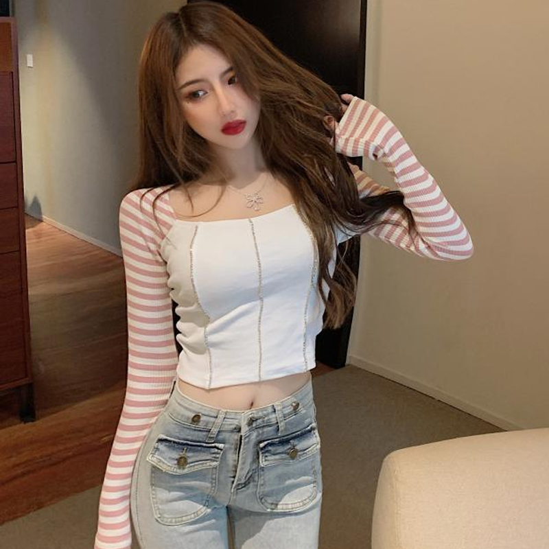 2020秋季新款条纹高腰短款设计感上衣韩版性感方领修身长袖T恤女在类目 女装/女士精品, T恤中 - 来自Buy2taobao.com提供专业的淘宝代购服务