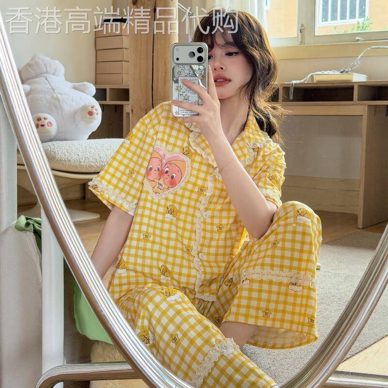 法国BERYDIA卡通星星人花边黄色格子睡衣女夏季新款可外穿家居服