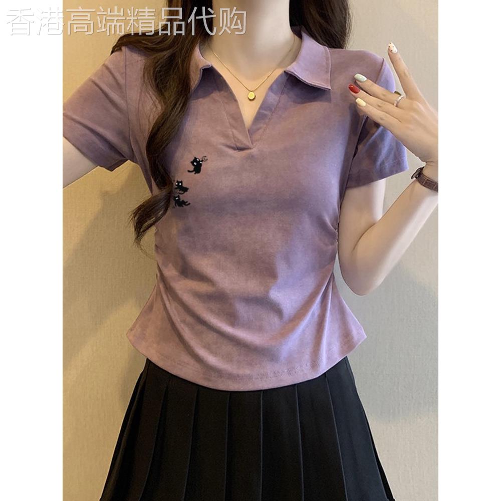 紫色扎染翻领短袖t恤女夏装2026新款甜辣修身正肩POLO衫短款上衣
