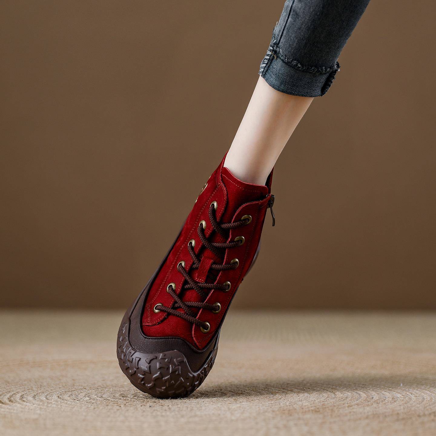 西班牙小众品牌ONGYSL覆古真皮红色马丁靴女短筒靴子显瘦高帮短靴