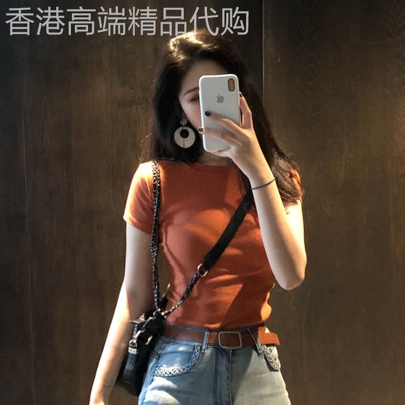 香港潮2025夏装新款牛油果绿纯棉t恤女纯色短袖修身性感百搭上衣