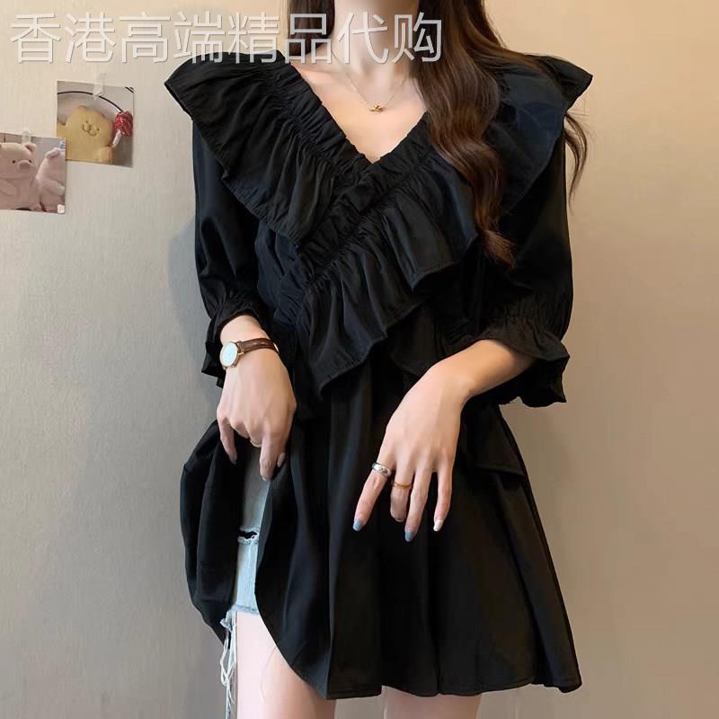 法式衬衫女士短袖夏季薄款2026新款宽松大尺码胖mm中长版荷叶边上
