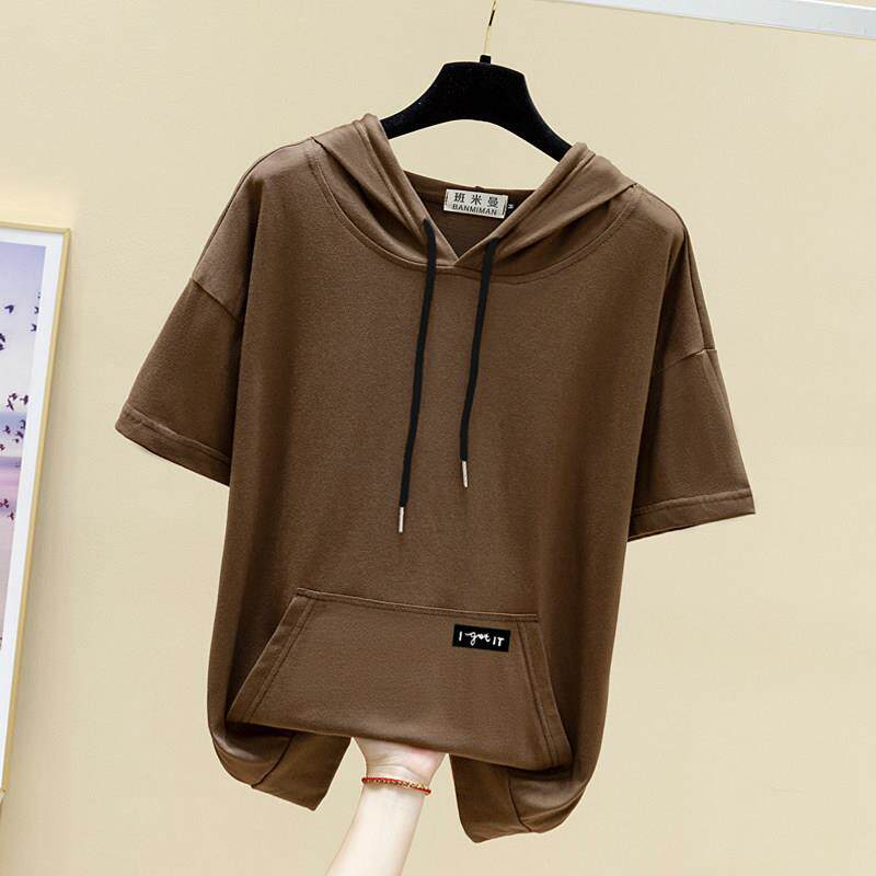 潮牌大码连帽短袖卫衣女2026年夏季韩版宽松半袖t恤薄款帽衫上衣