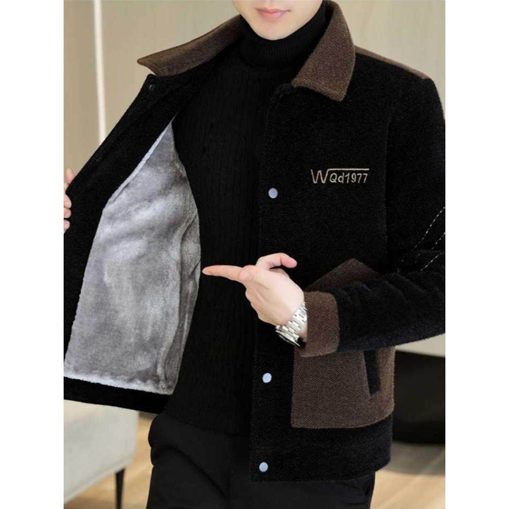 潮牌男士金貂绒夹克秋冬季加绒加厚毛呢大衣韩版修身帅气风衣外套