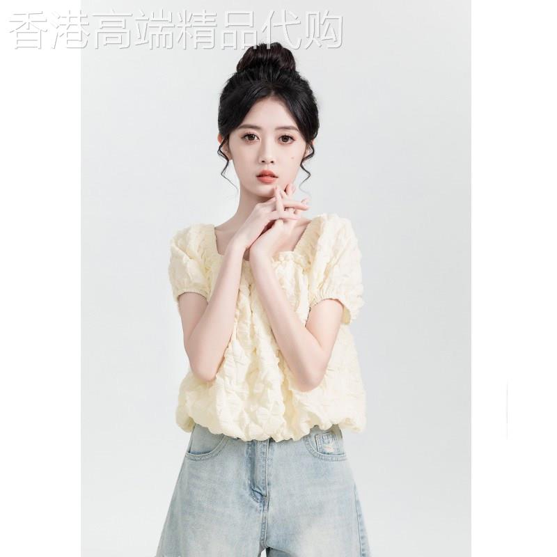 方领短袖娃娃衫女夏季2026新款设计感雪纺衬衫独特短款泡泡袖上衣