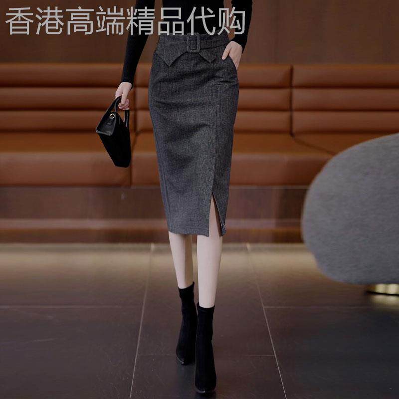 灰色高腰毛呢a字半身裙女秋冬2026年新款小个子显瘦中长款包臀裙