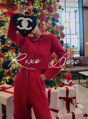 RIXO DORE法式高级小香风红色粗花呢圣诞节跨过年新年战袍套装女