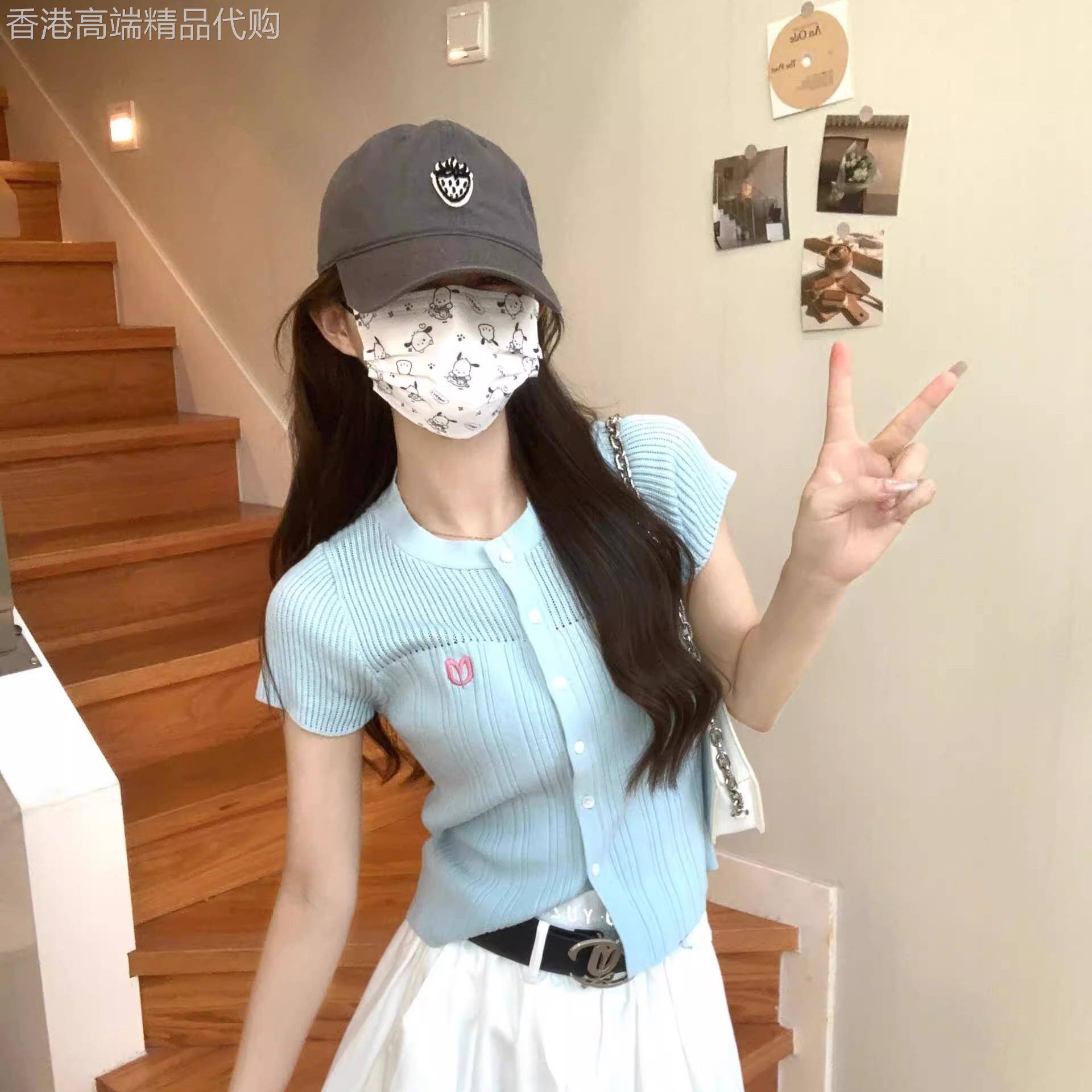 蓝色短袖显瘦针织开衫女夏季2026新款韩版多巴胺穿搭T恤小衫上衣