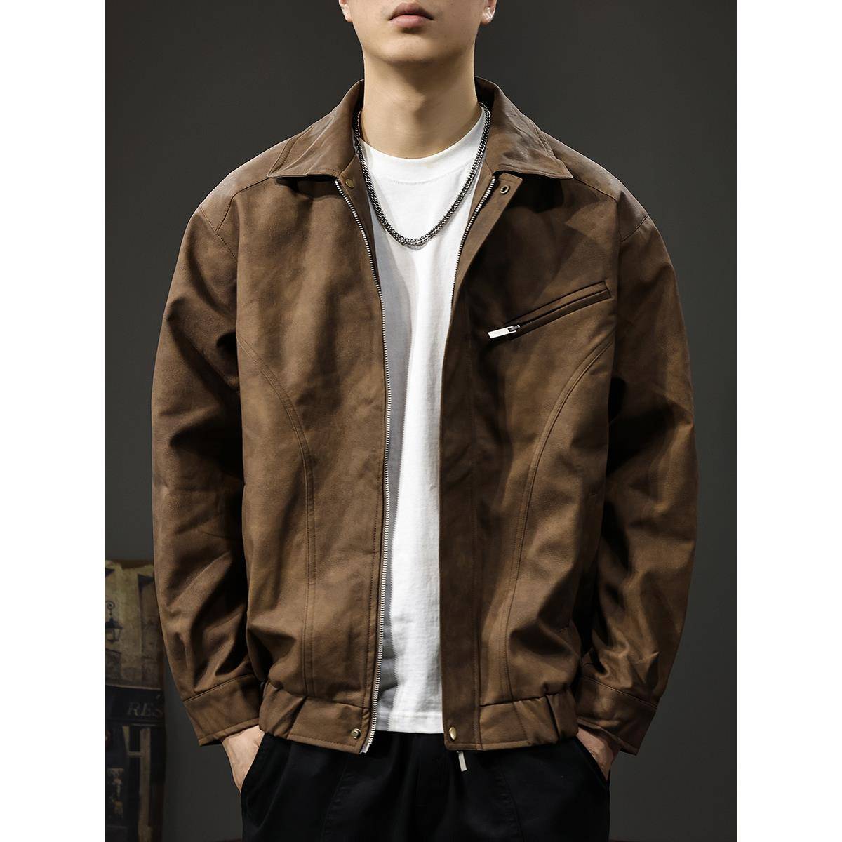 TWG男士皮衣外套美拉德美式覆古春秋季休闲高级感痞帅飞行员夹克