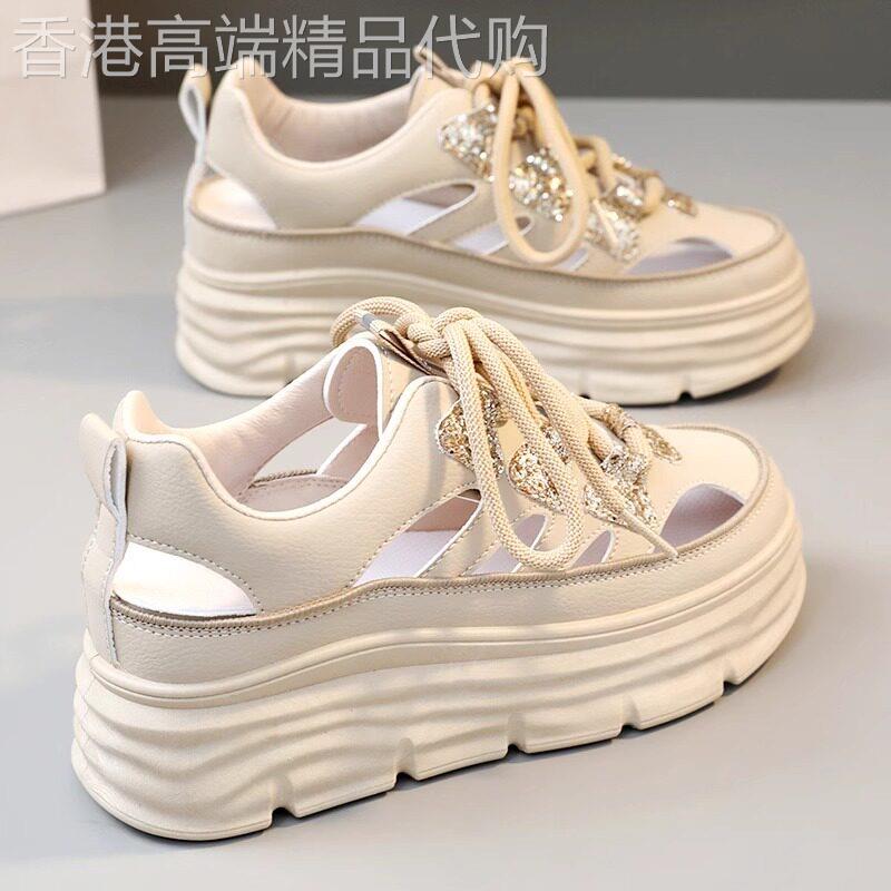 真皮镂空小白鞋女2025年新款夏季坡跟内增高厚底板鞋包头洞洞凉鞋