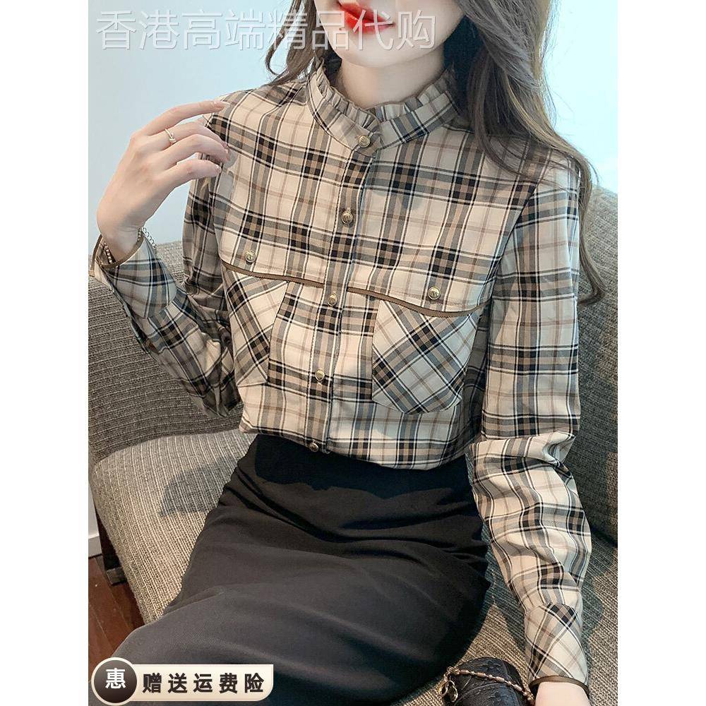 香港TIMO秋季时尚格子衬衫女2026设计感女士衬衫秋款雪纺上衣早秋