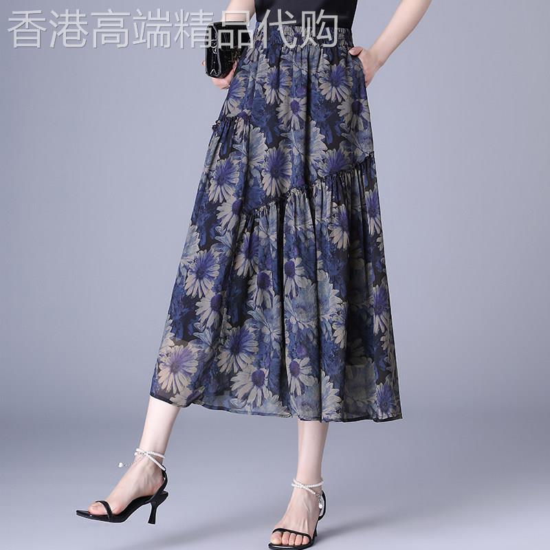 大码印花半身裙女夏季新款松紧腰大摆裙遮胯藏肉显瘦气质休闲长裙