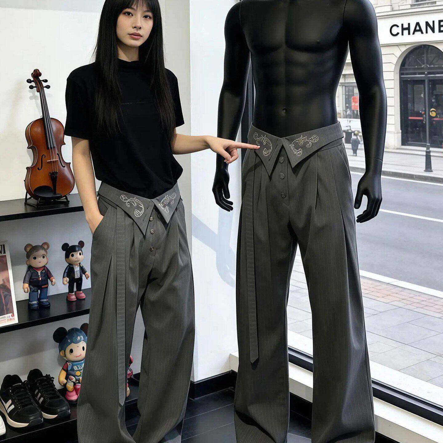 潮牌时尚修身西裤垂坠感高级感弯刀阔腿裤子男夏加长微喇休闲裤