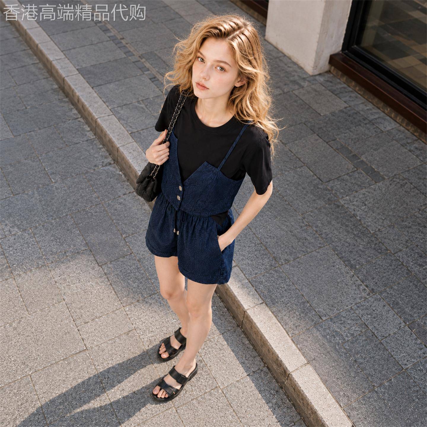 牛仔短裤套装夏女2026新款休闲学院风假两件拼接设计感上衣两件套