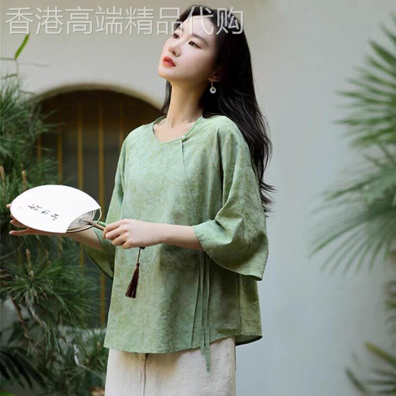 潮牌新中式改良汉服女夏季复古唐装女中国风盘扣别致上衣提花衬衣