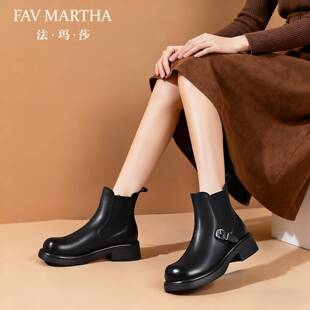 法玛莎轻奢黑色短靴女2025年冬季新款加绒头层牛皮厚底套筒马丁靴