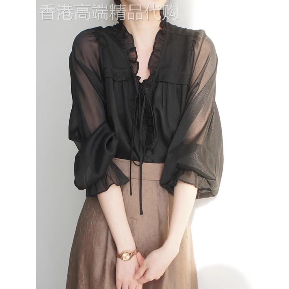 黑色雪纺衬衫女春夏2026新款亮丝网纱宽松灯笼袖高级感荷叶边上衣