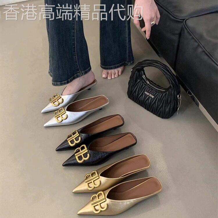 香港2025秋季新款女鞋欧美风金属扣尖头平底鞋女浅口包头半拖鞋女