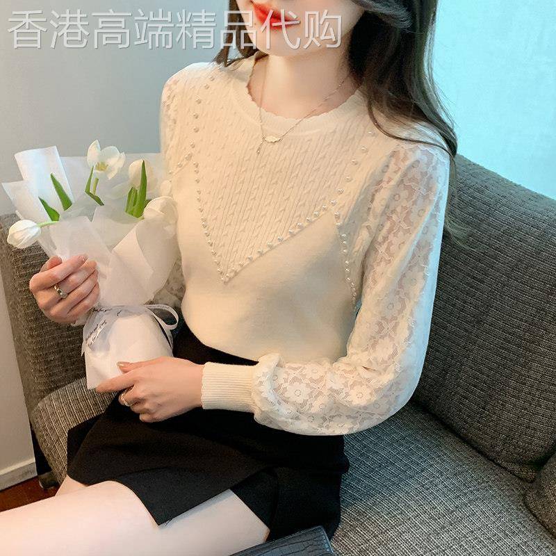 韩国钉珠蕾丝长袖针织打底衫女春秋新款时尚显瘦设计感内搭上衣潮