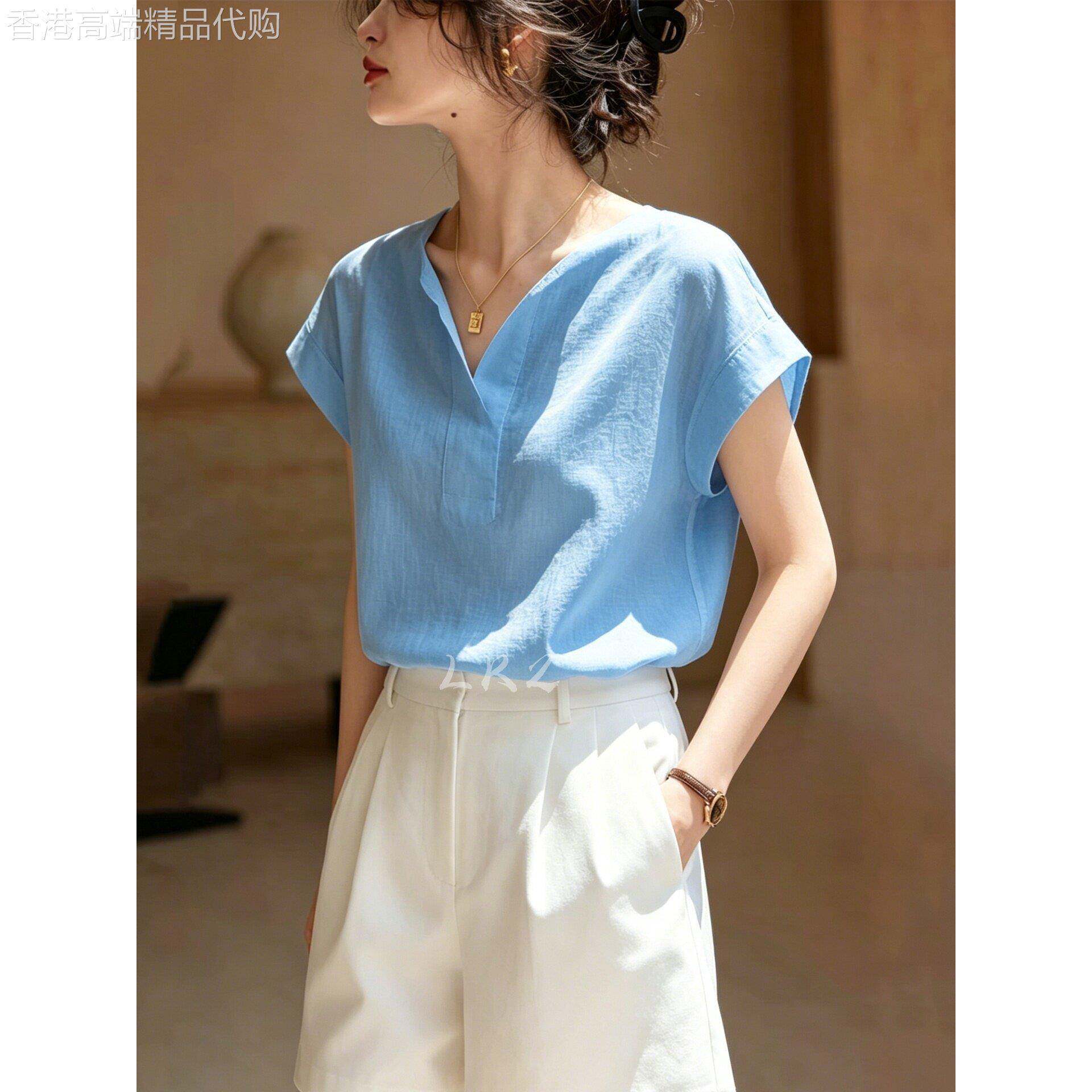 法式V领短袖衬衫女新款套头夏季时尚休闲宽松显瘦蓝色设计感上衣