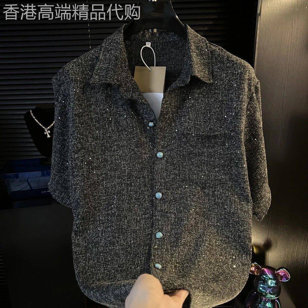 潮牌韩版时尚条纹修身短袖衬衫男士夏季高级感痞帅休闲百搭衬衣潮