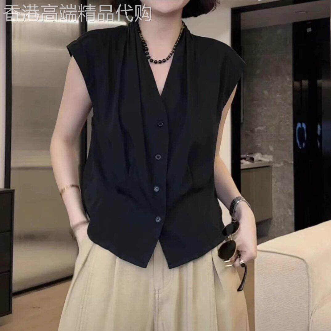 黑色雪纺衬衫女夏季2026新款设计感小众气质显瘦落肩袖V领短上衣