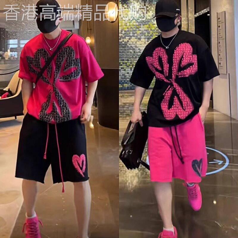 潮牌爱心印花短袖T恤男士套装夏季2026新款情侣休闲短裤一套男款