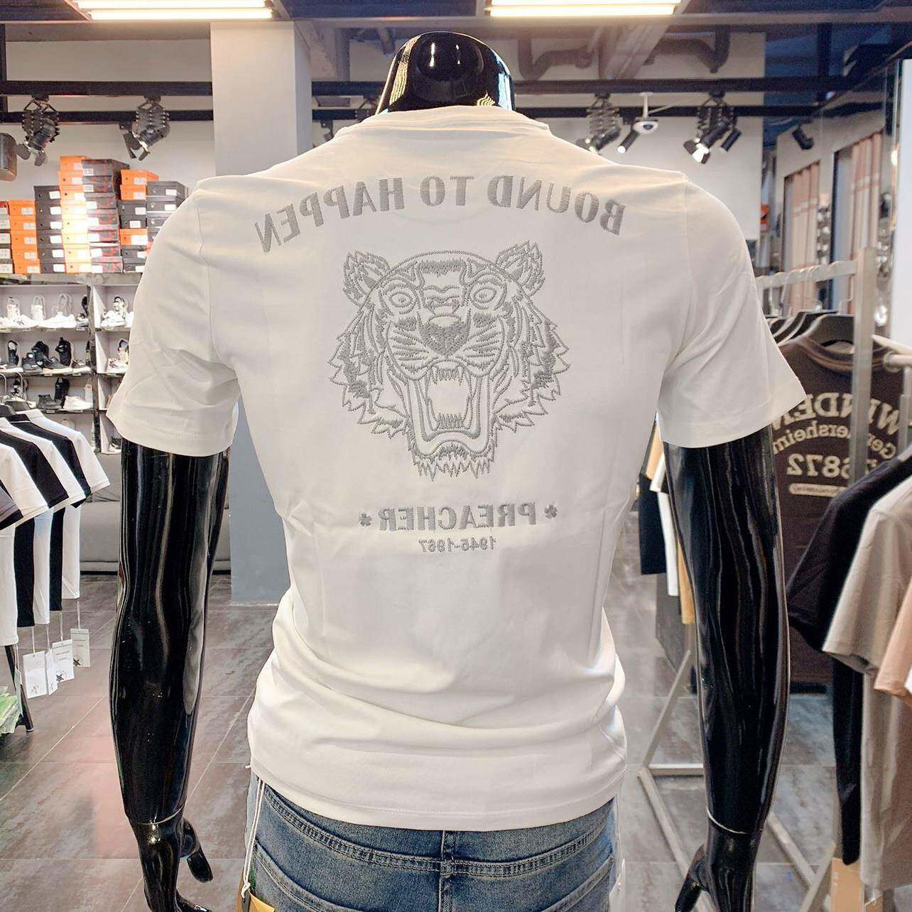 短袖男ins潮牌t恤夏季老虎头刺绣圆领白色修身纯棉男士高端半袖潮