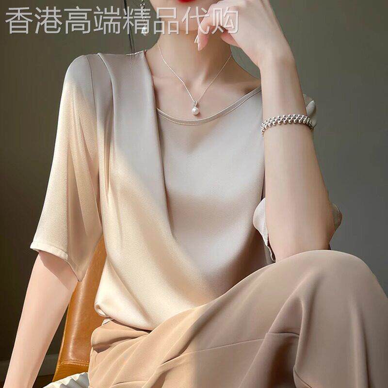 潮牌设计感缎面衬衣女士夏季宽松套头高级感小衫时尚短袖打底上衣