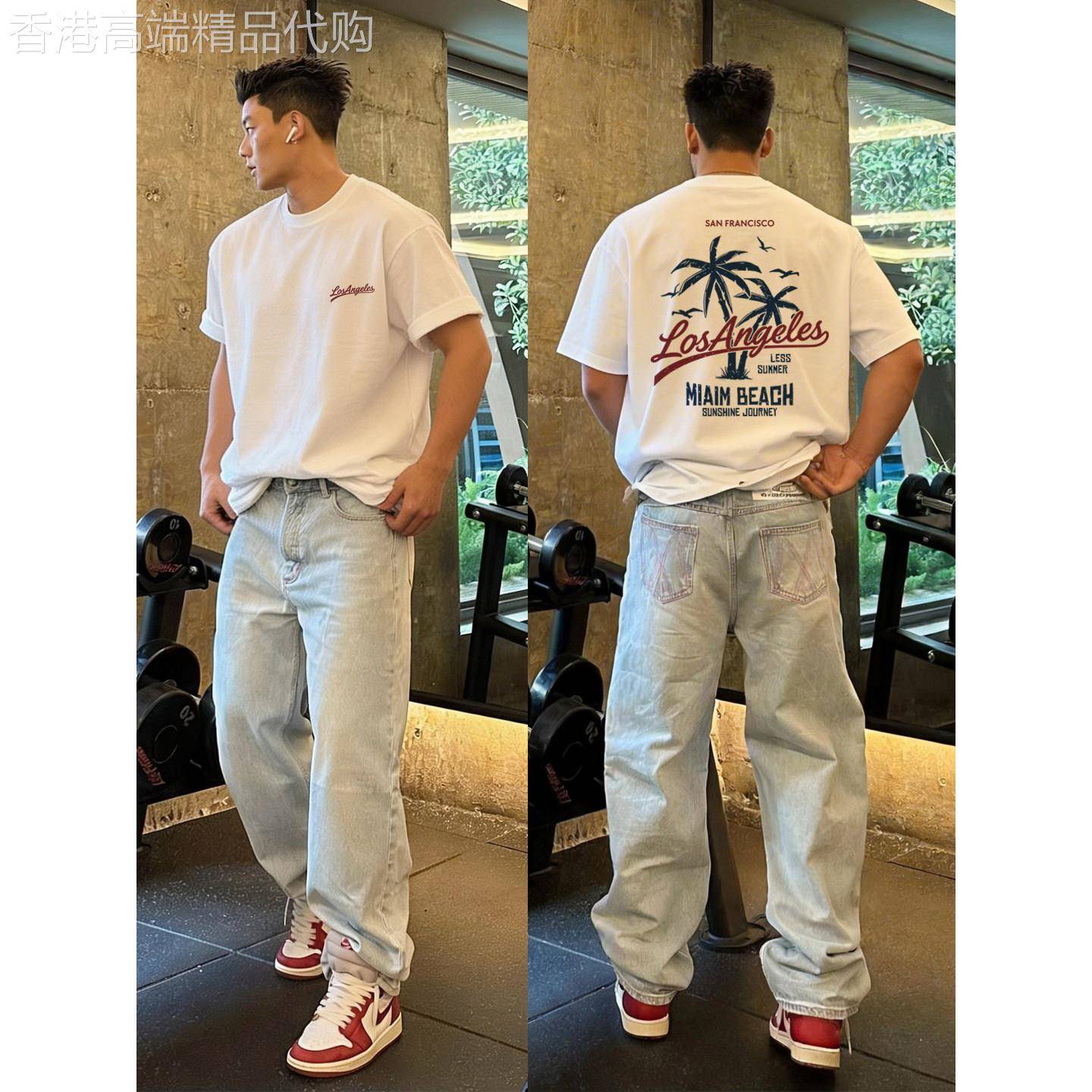 香港潮牌美式椰树印花短袖T恤男夏季高级感青年休闲百搭纯棉上衣