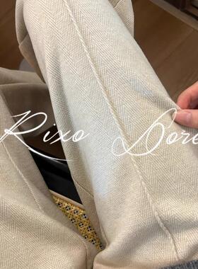 RIXO DORE法式羊毛呢阔腿裤女加绒垂坠感高腰人字纹窄版直筒裤子