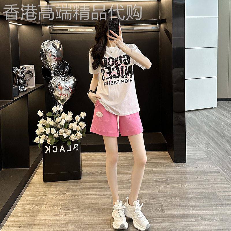 欧洲站休闲运动套装女2026新款夏季百搭韩系圆领印花短袖T恤短裤