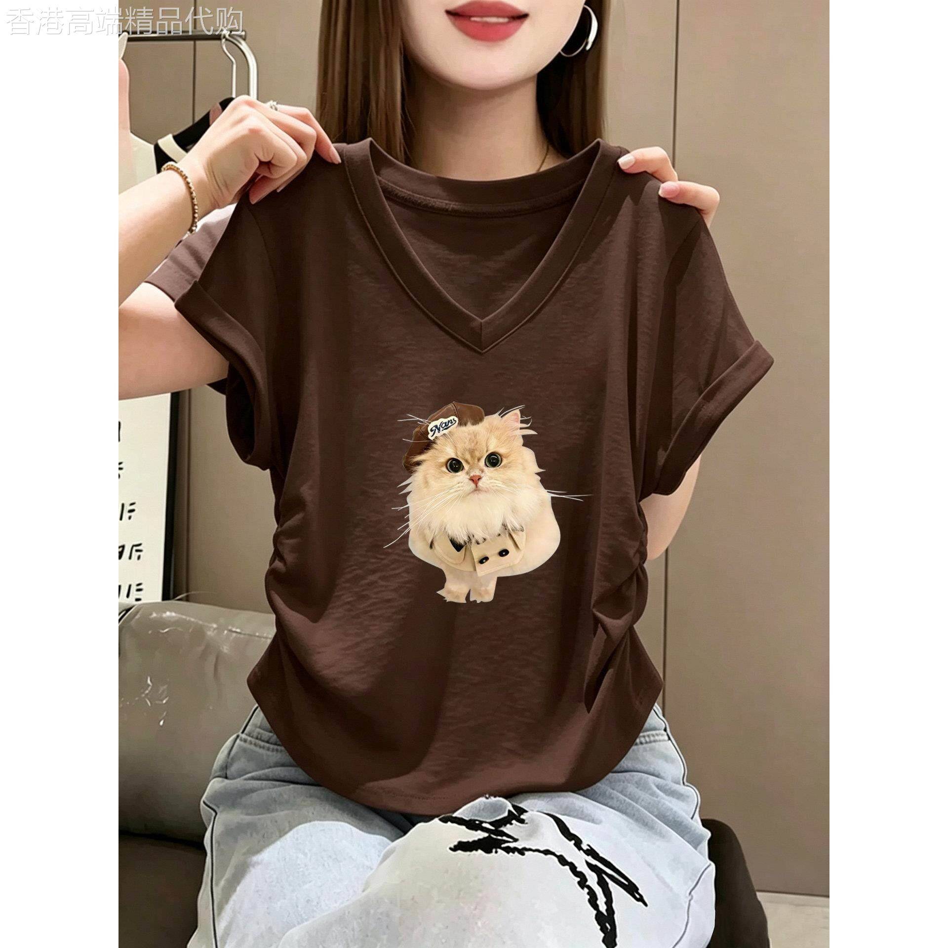 荷叶袖正肩纯棉V领短袖t恤女设计感时尚百搭收腰修身显瘦上衣夏季