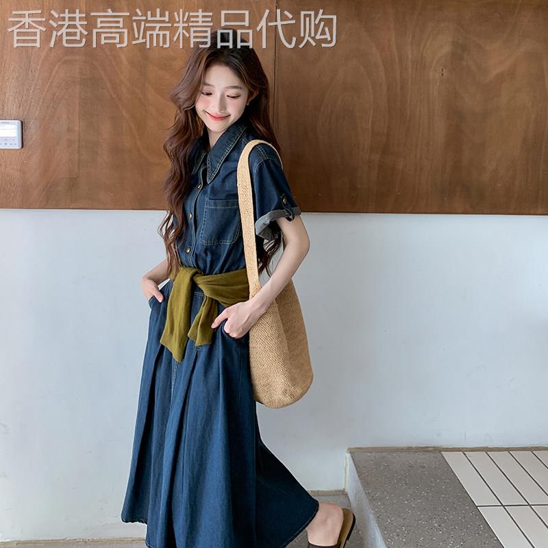 蓝色薄牛仔连衣裙女2025新款夏季收腰设计感港风复古休闲气质裙子