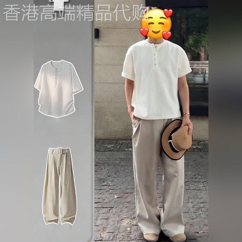 高端轻熟雅痞老钱风男装套装人夫感穿搭亨利领短袖t恤弯刀西裤潮