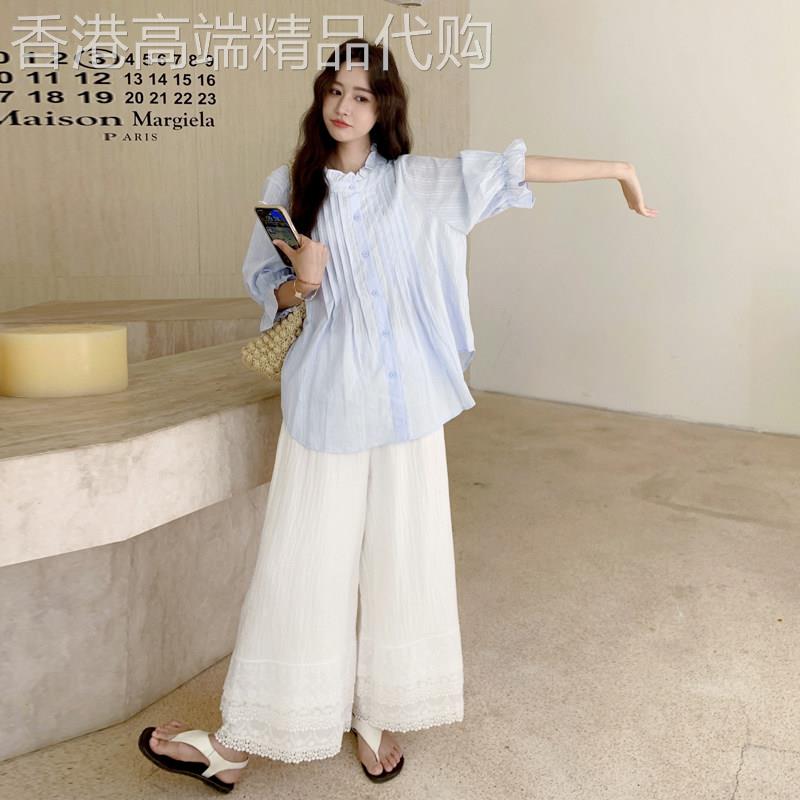 韩系夏日穿搭一整套女2026新款奶蓝色泡泡袖衬衫蕾丝阔腿裤两件套